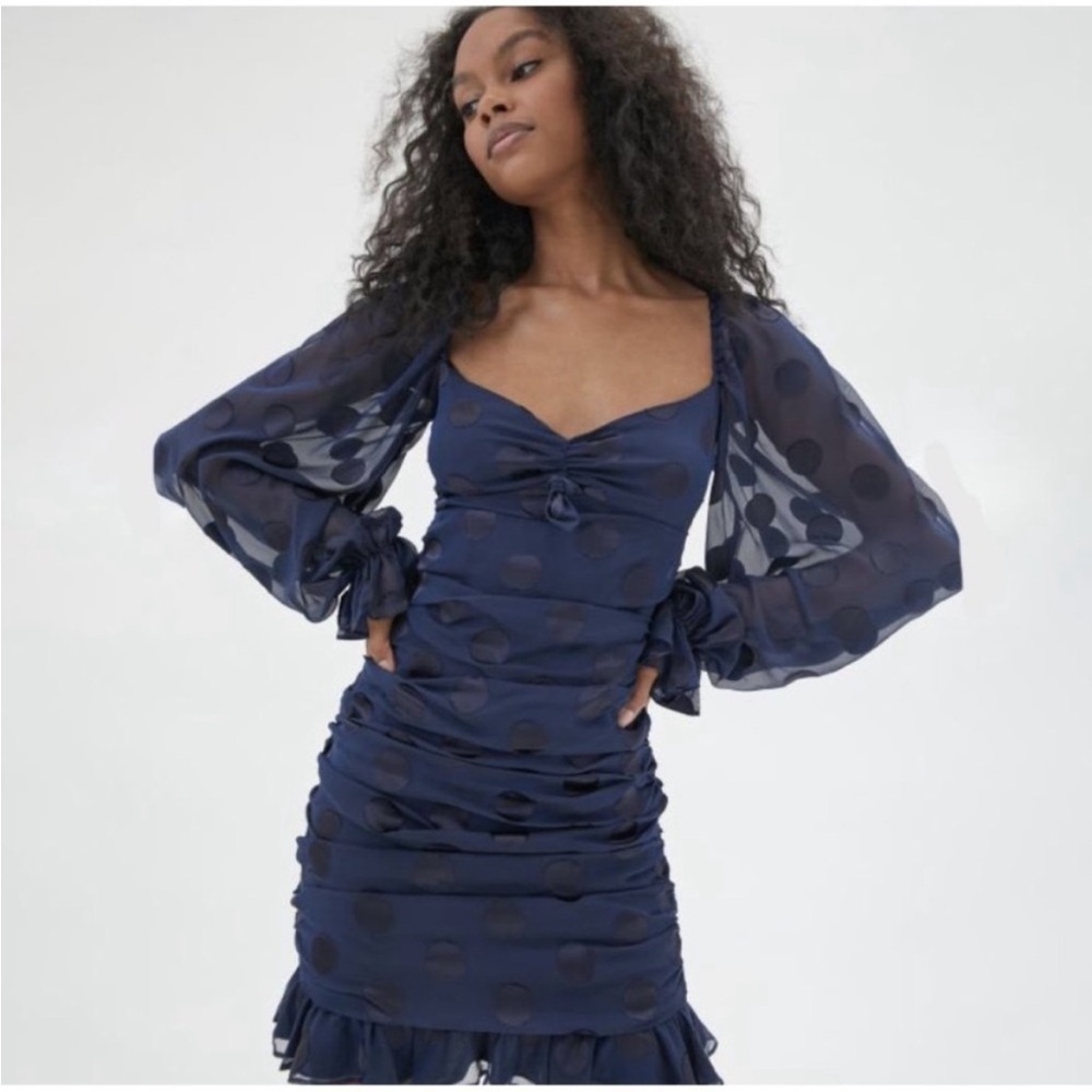 For Love And Lemons Lula Mini Dress Ruched Ruffle Navy Blue Dot Long Sleeve XS - Picture 13 of 16